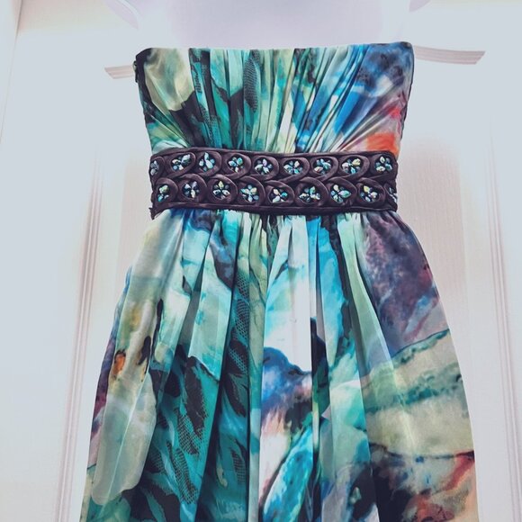 La Famme Long Maxi Multi Color Tropical Sz 0-Strapless Beaded Floral Waist Dress - Picture 9 of 15